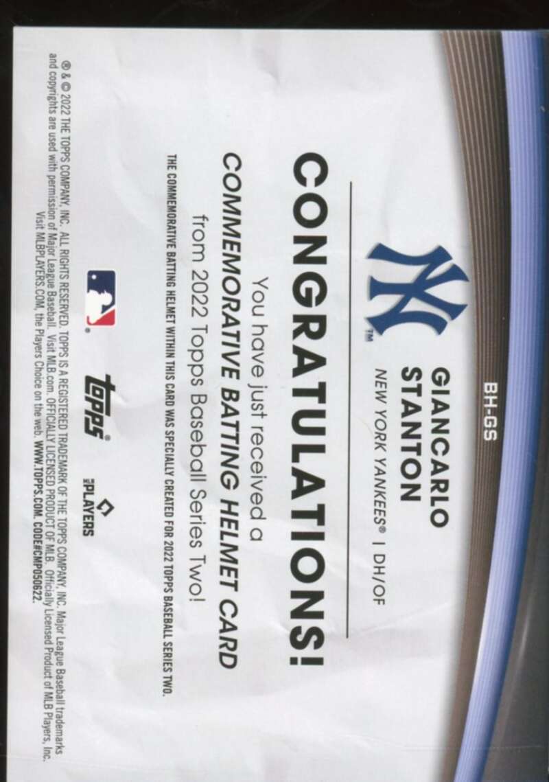 Giancarlo Stanton Card 2022 Topps Commemorative Batting Helmet Relics #BHGS  Image 2