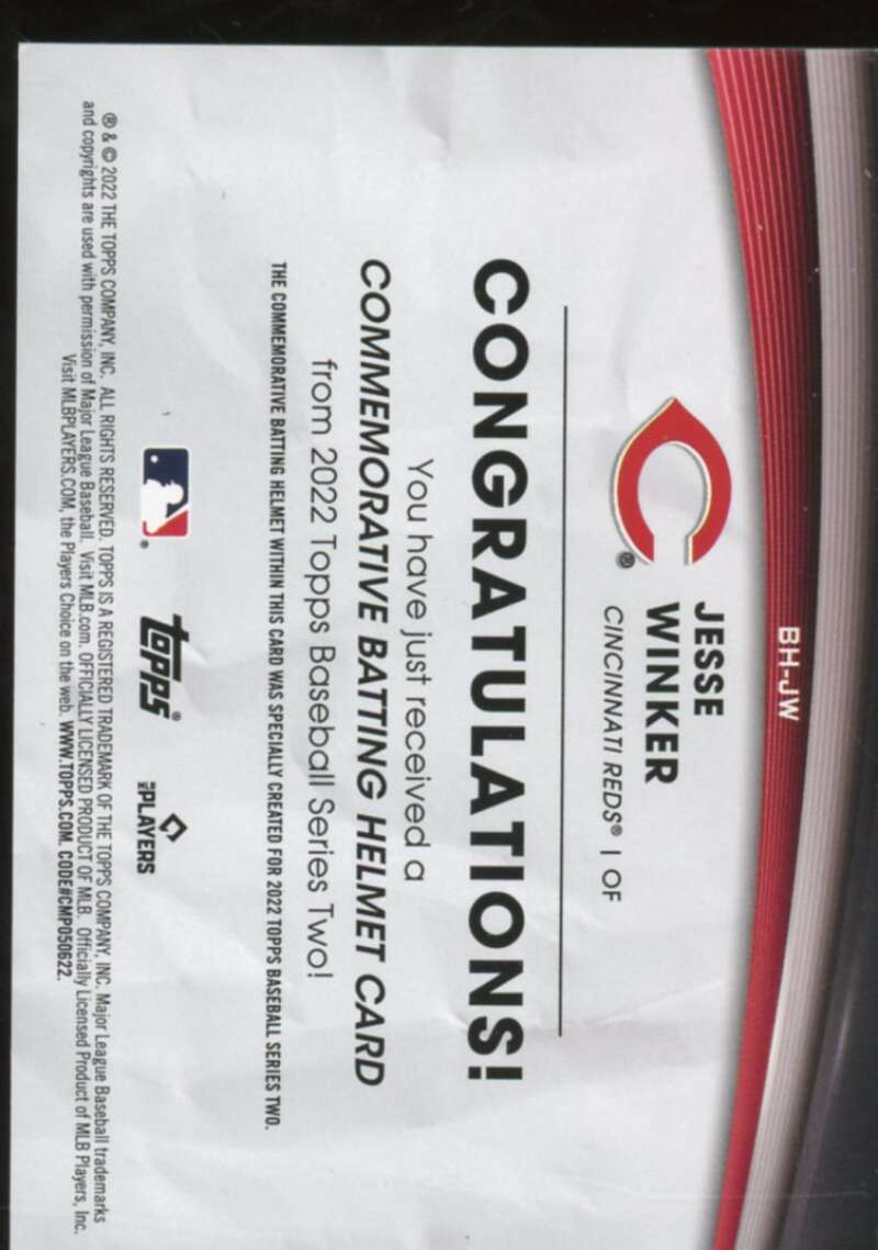 Jesse Winker Card 2022 Topps Commemorative Batting Helmet Relics #BHJW  Image 2