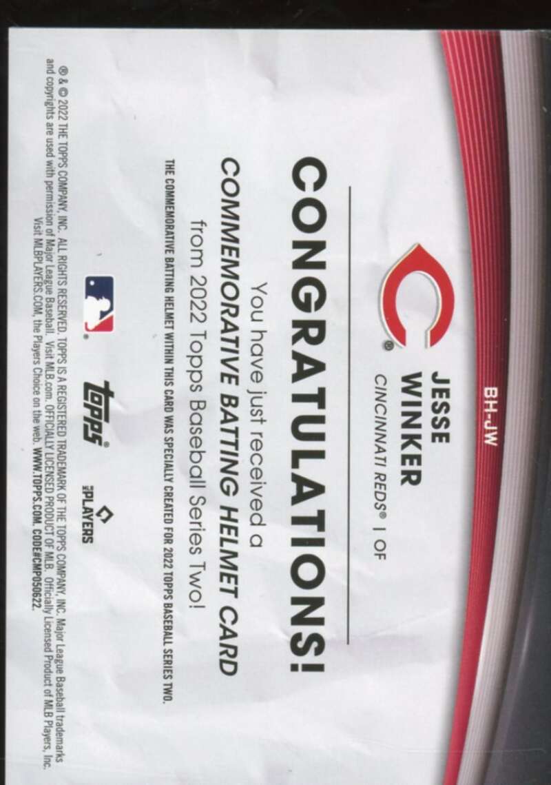 Jesse Winker Card 2022 Topps Commemorative Batting Helmet Relics #BHJW  Image 2
