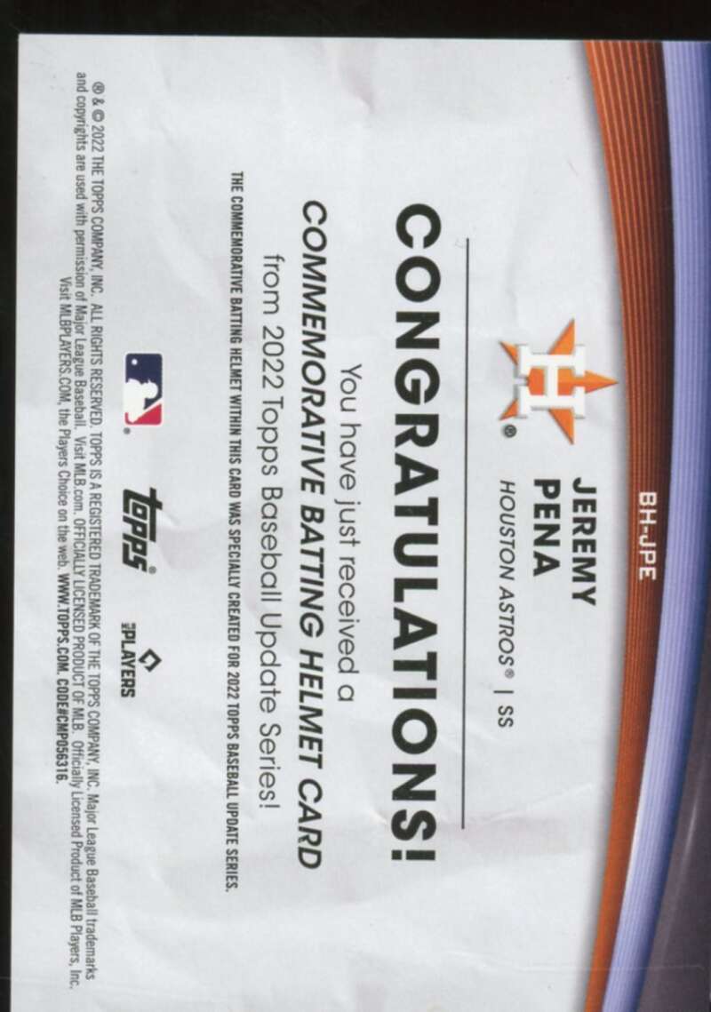 Jeremy Pena Rookie Card 2022 Topps Update Commemorative Batting Helmet #BHJPE  Image 2