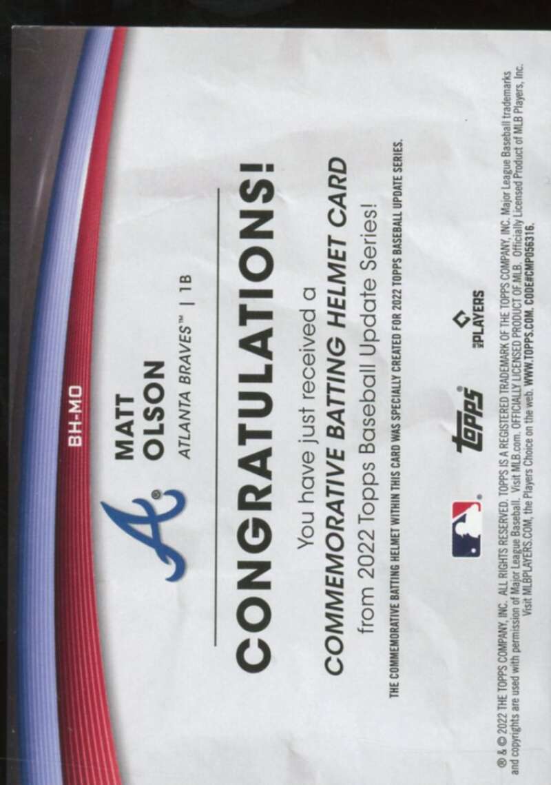 Matt Olson Card 2022 Topps Update Commemorative Batting Helmet #BHMO  Image 2