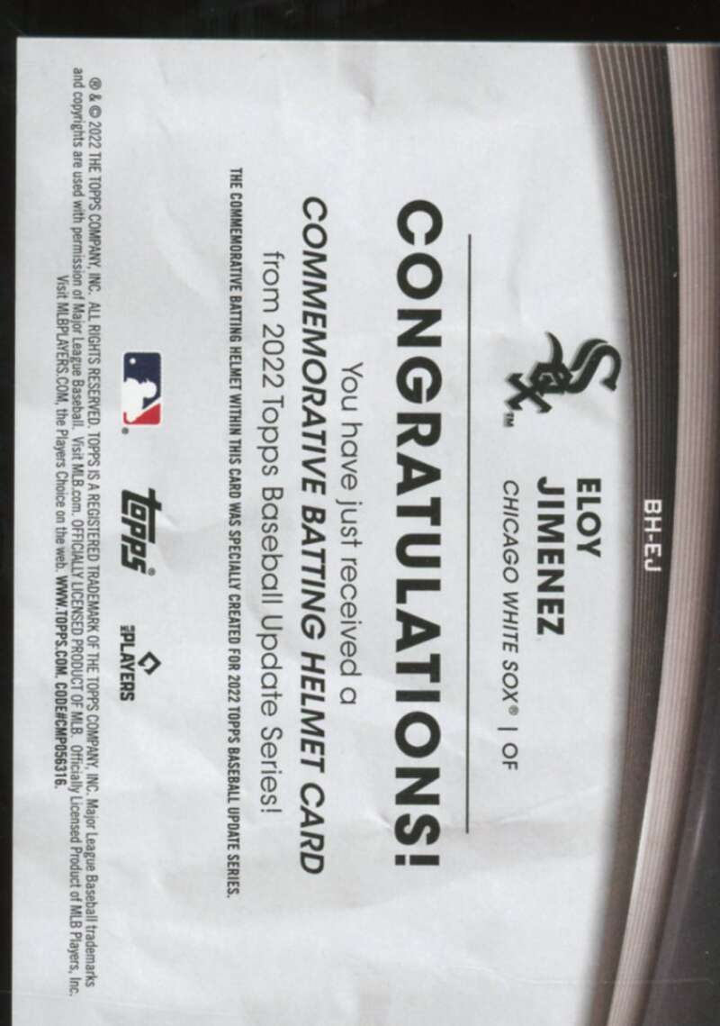 Eloy Jimenez Card 2022 Topps Update Commemorative Batting Helmet #BHEJ  Image 2