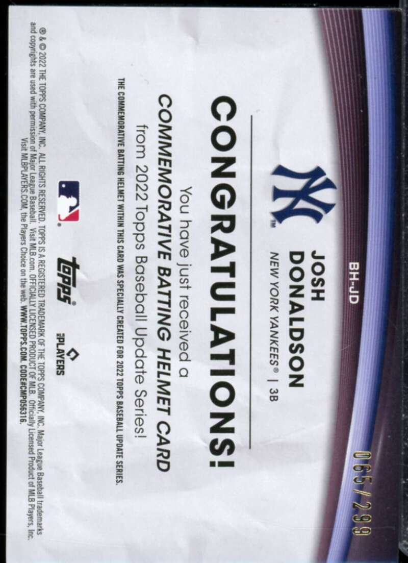 Josh Donaldson Card 2022 Topps Update Commemorative Batting Helmet #BHJD  Image 2