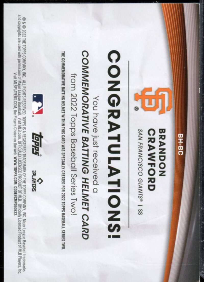 Brandon Crawford Card 2022 Topps Commemorative Batting Helmet Relics #BHBC  Image 2