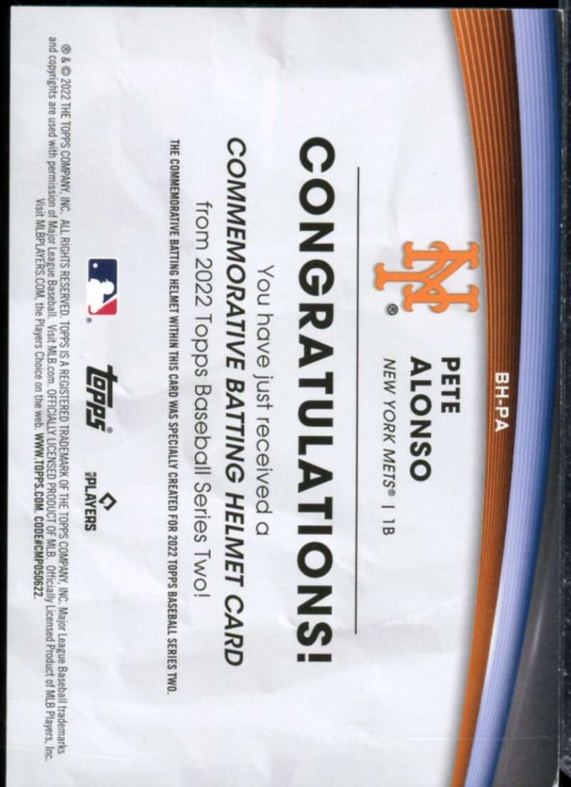 Pete Alonso Card 2022 Topps Commemorative Batting Helmet Relics #BHPA  Image 2