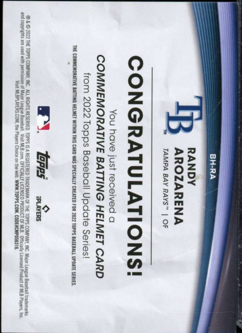 Randy Arozarena Card 2022 Topps Update Commemorative Batting Helmet #BHRA  Image 2