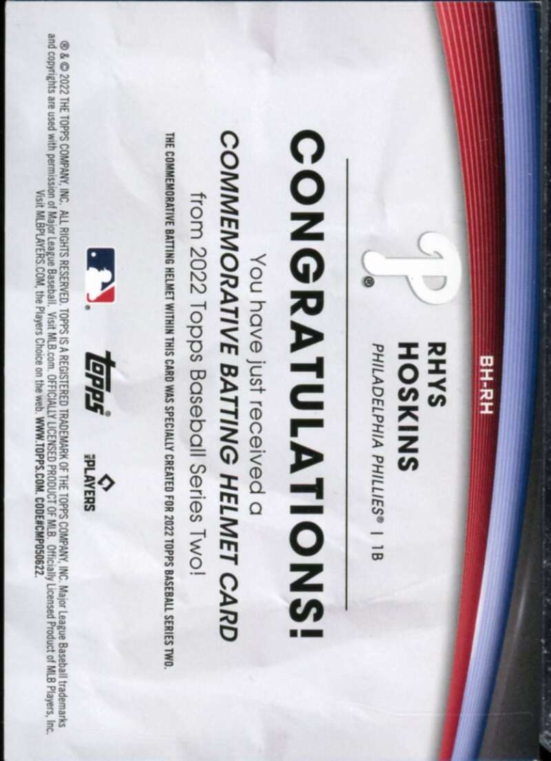 Rhys Hoskins Card 2022 Topps Commemorative Batting Helmet Relics #BHRH  Image 2