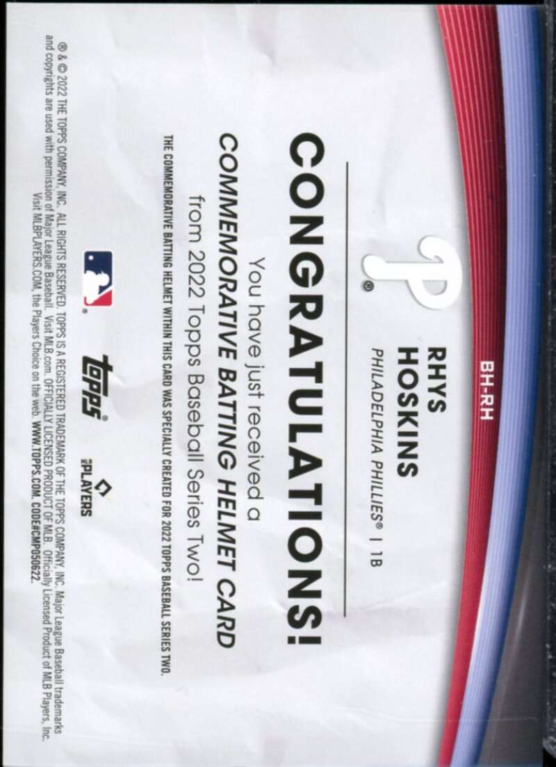 Rhys Hoskins Card 2022 Topps Commemorative Batting Helmet Relics #BHRH  Image 2