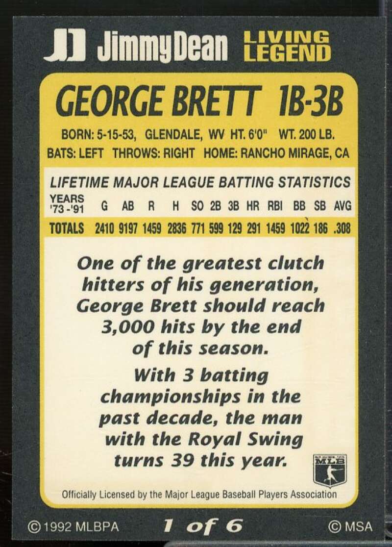 George Brett Card 1992 Jimmy Dean Living Legends #1  Image 2