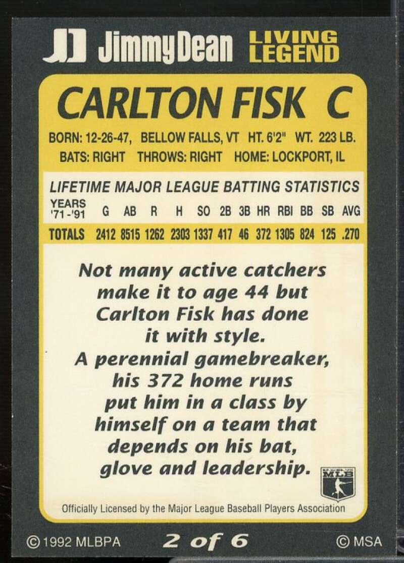Carlton Fisk Card 1992 Jimmy Dean Living Legends #2  Image 2