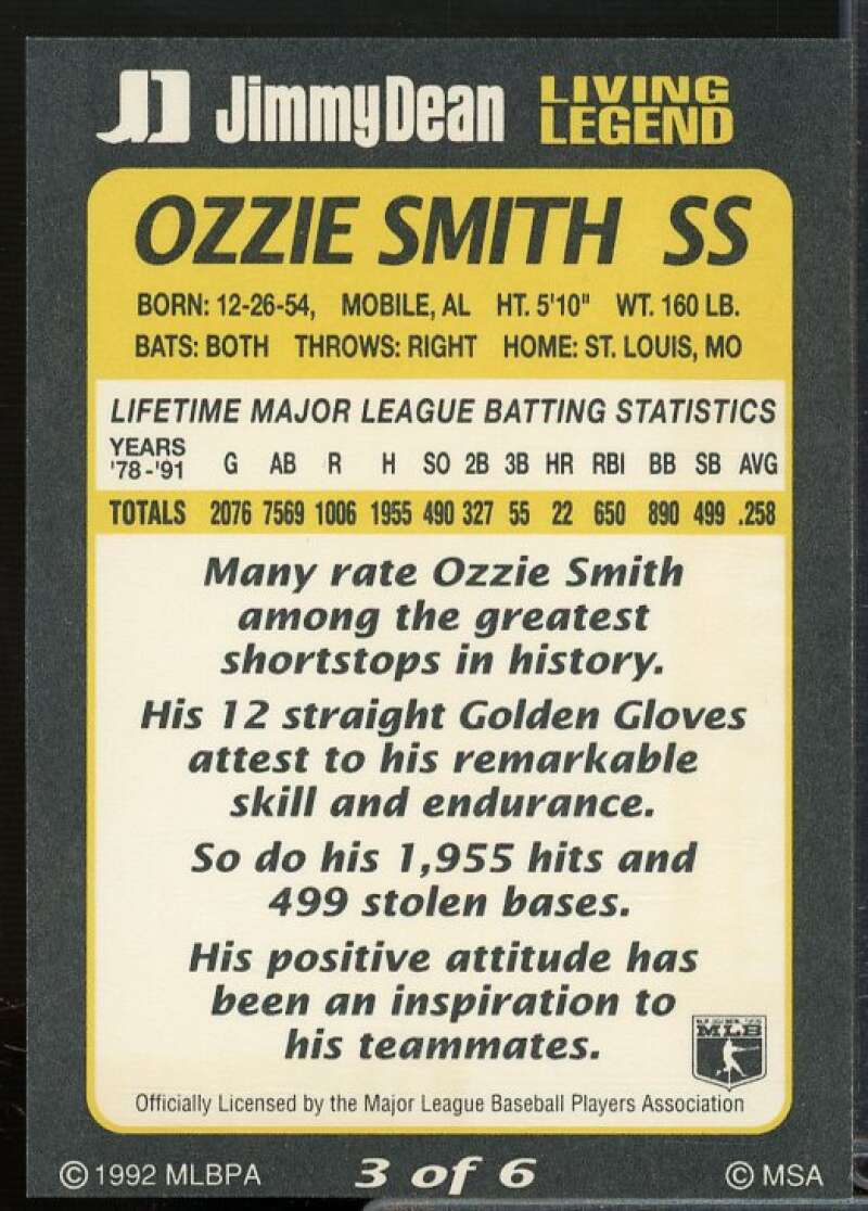 Ozzie Smith Card 1992 Jimmy Dean Living Legends #3  Image 2