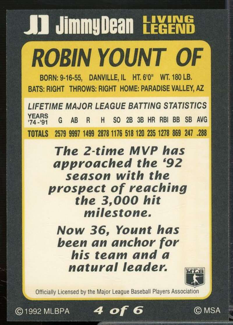 Robin Yount Card 1992 Jimmy Dean Living Legends #4  Image 2