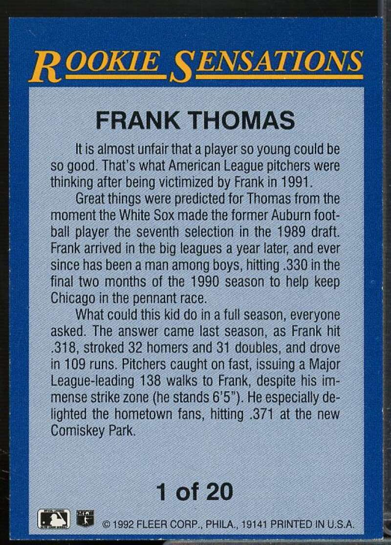 Frank Thomas Card 1992 Fleer Rookie Sensations #1  Image 2