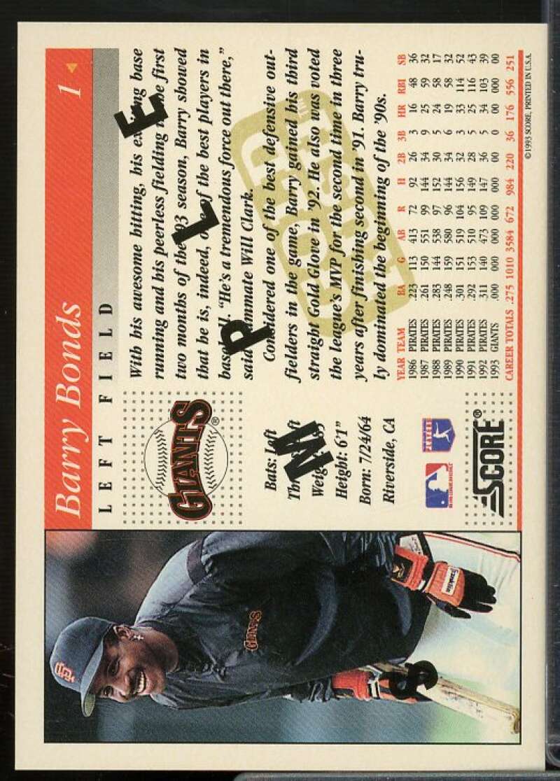 Barry Bonds Sample Card 1994 Score Gold Rush #1  Image 2