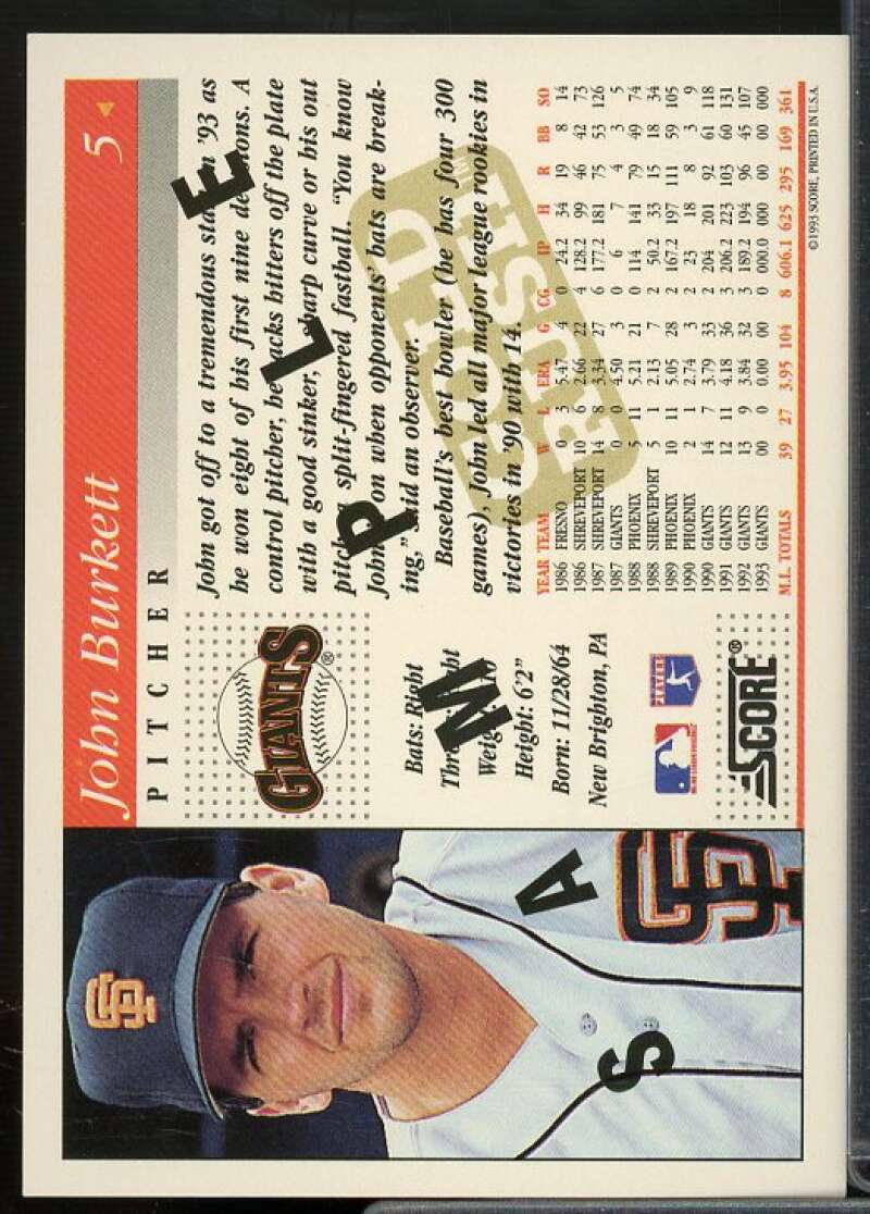John Burkett Sample Card 1994 Score Gold Rush #5  Image 2