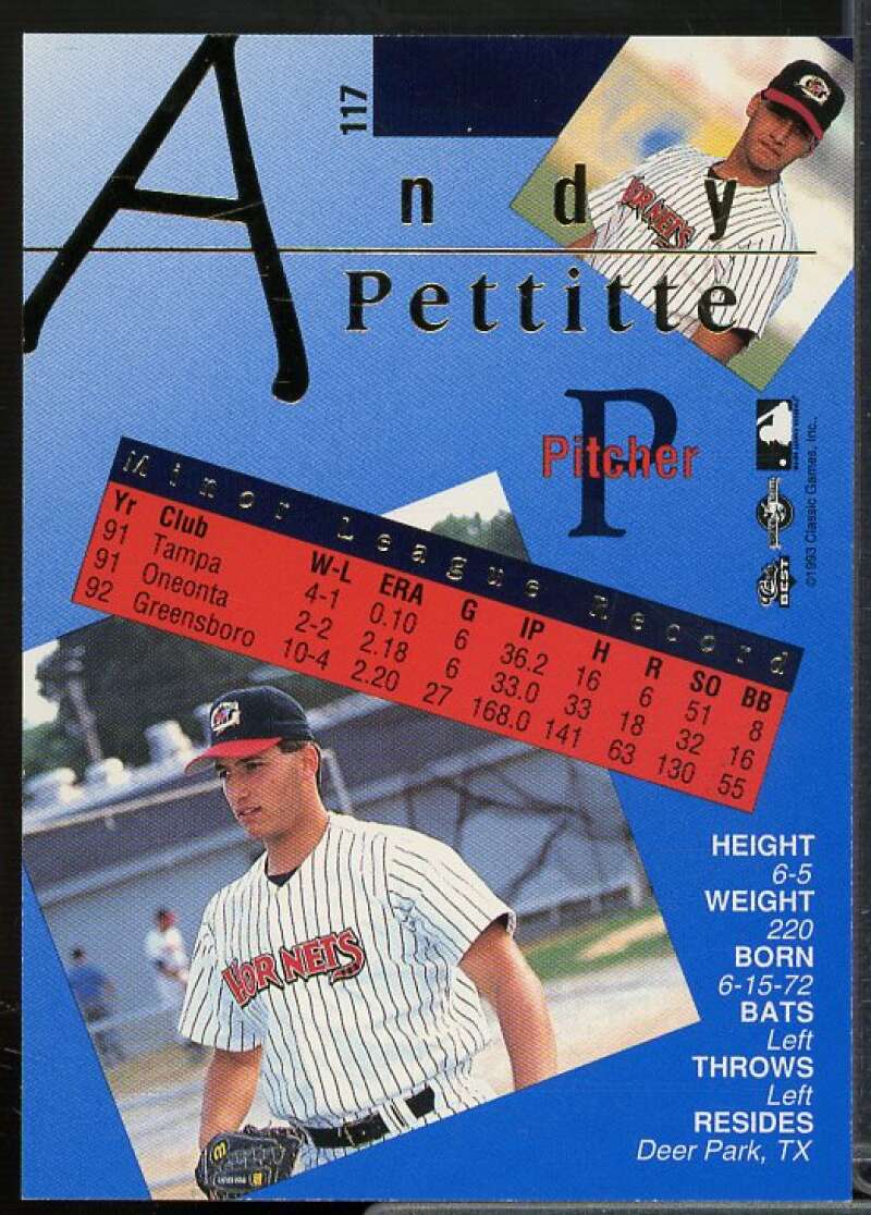 Andy Pettitte Rookie Card 1993 Classic/Best Gold #117  Image 2