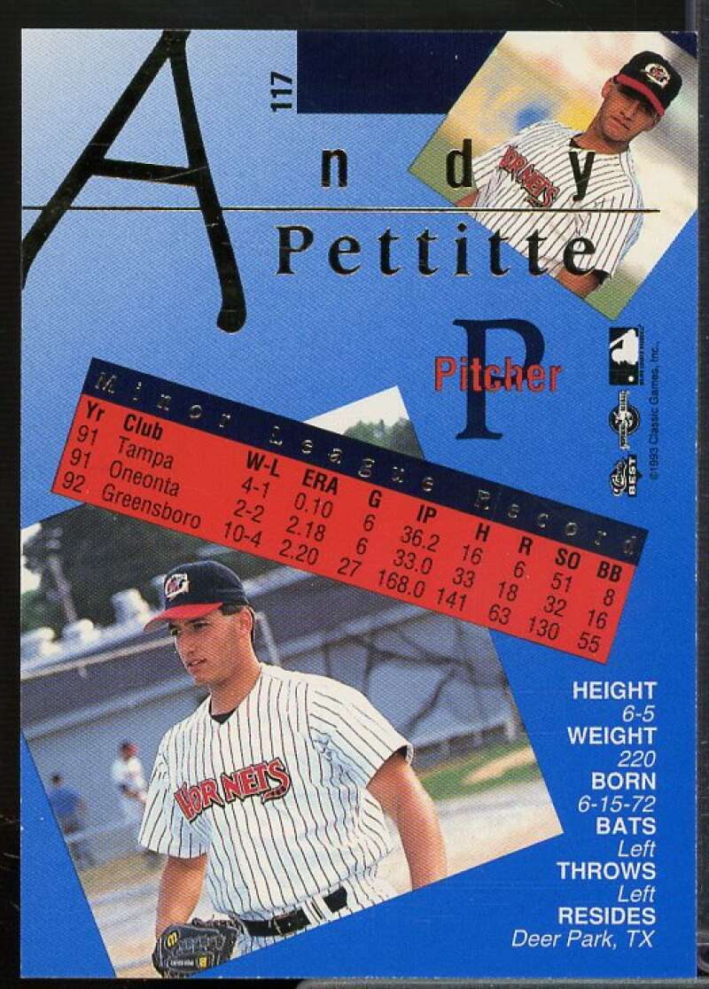 Andy Pettitte Rookie Card 1993 Classic/Best Gold #117  Image 2