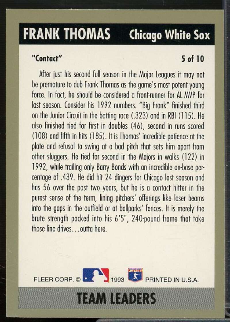 Frank Thomas Card 1993 Fleer Team Leaders #AL5  Image 2