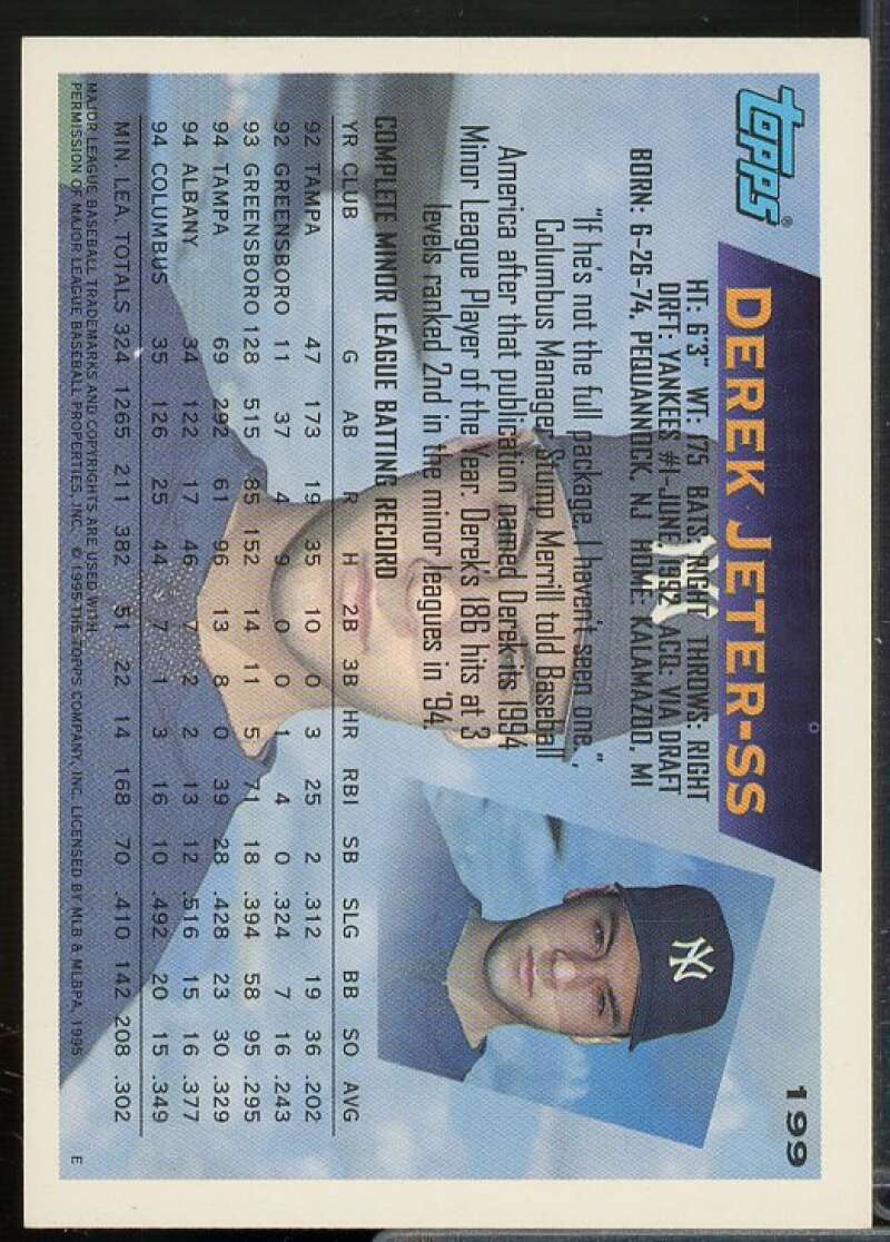 Derek Jeter Future Stars Card 1995 Topps #199  Image 2
