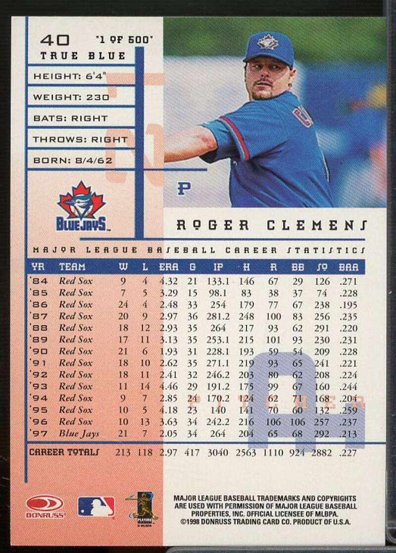 Roger Clemens Card 1998 Leaf Rookies Stars True Blue #40  Image 2