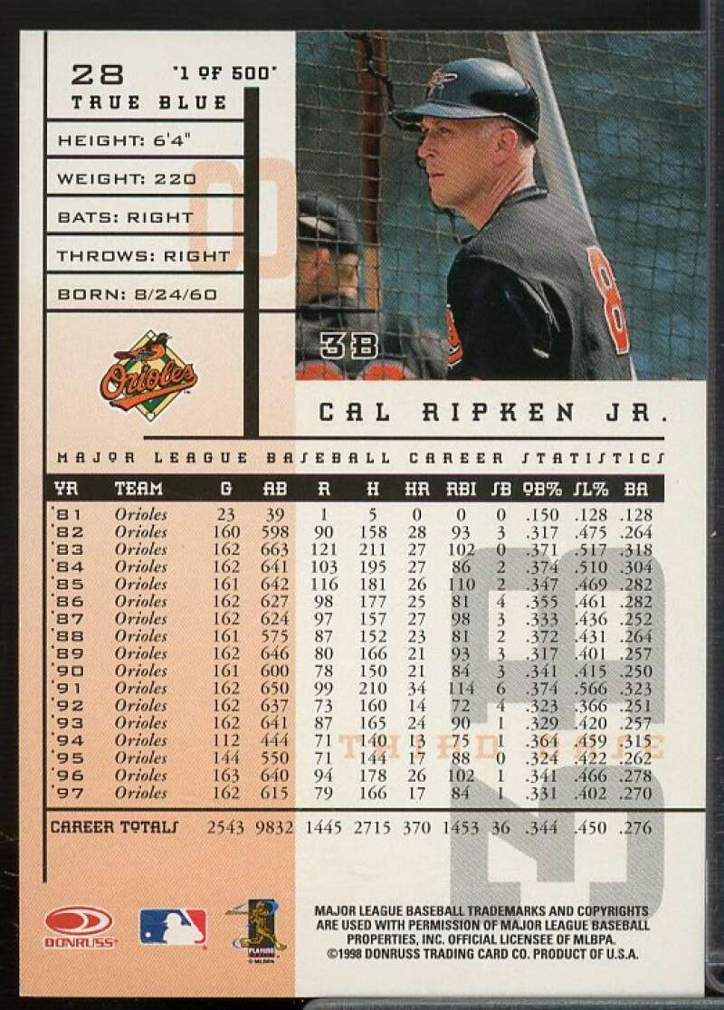 Cal Ripken Card 1998 Leaf Rookies Stars True Blue #28  Image 2