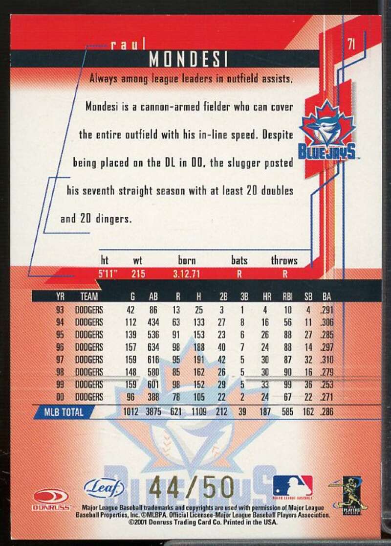 Raul Mondesi Card 2001 Leaf Rookies Stars Longevity #71  Image 2