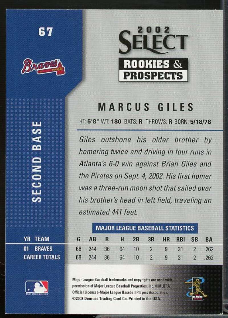 Marcus Giles Rookie Card 2002 Select Rookies and Prospects #67  Image 2