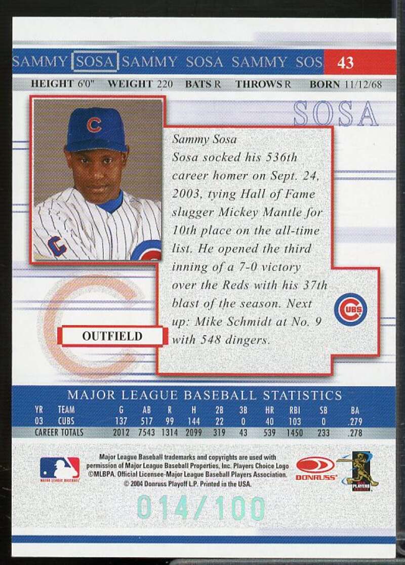 Sammy Sosa Card 2004 Donruss Timelines Silver #43  Image 2