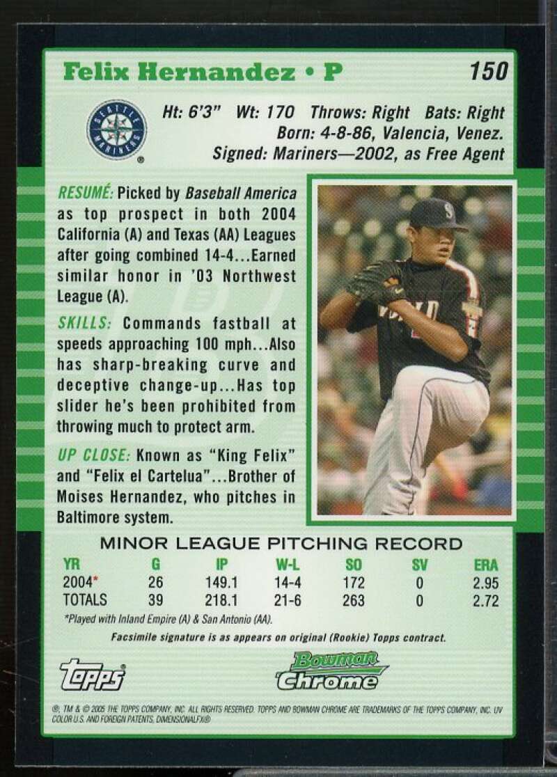 Felix Hernandez Card 2005 Bowman Chrome #150  Image 2