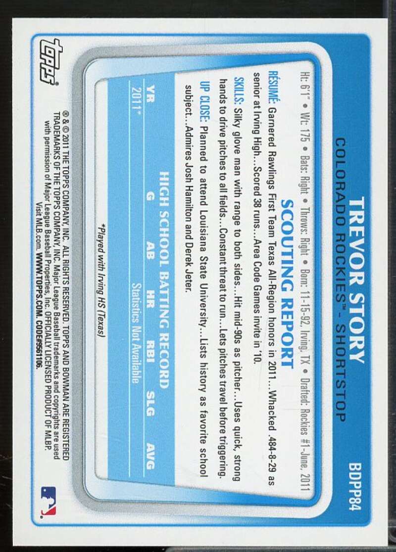Trevor Story Rookie Card 2011 Bowman Draft Prospects #BDPP84  Image 2