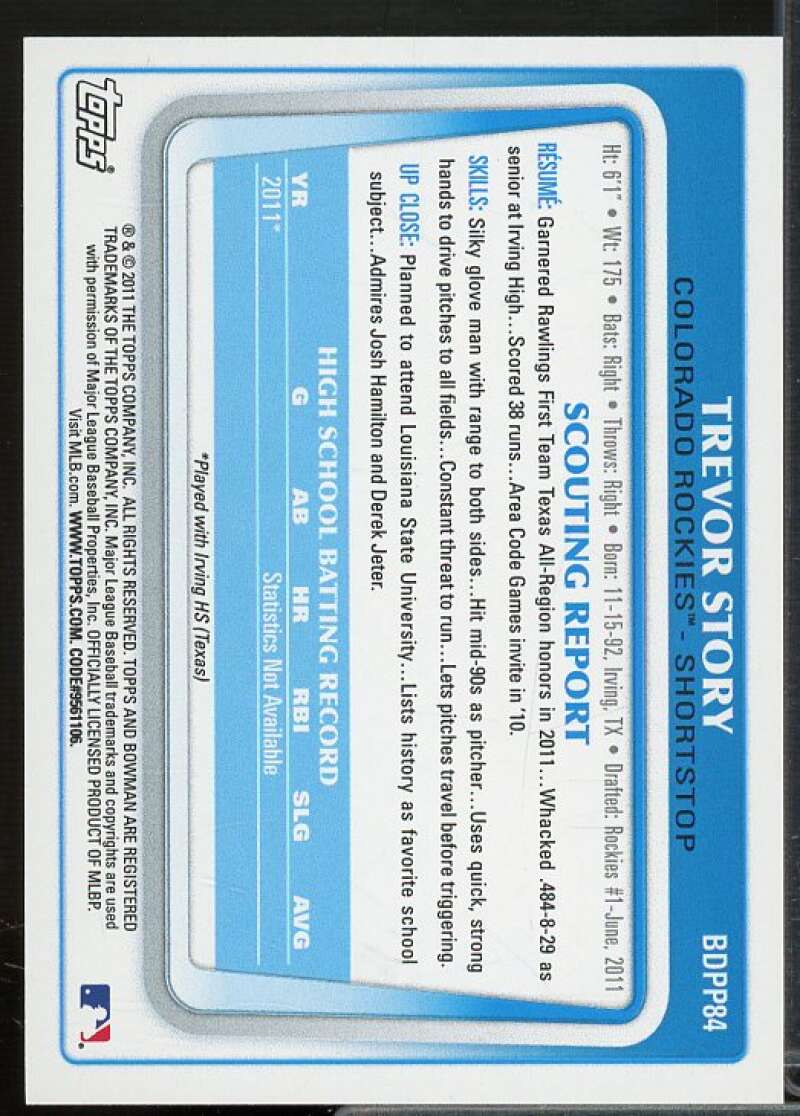 Trevor Story Rookie Card 2011 Bowman Draft Prospects #BDPP84  Image 2