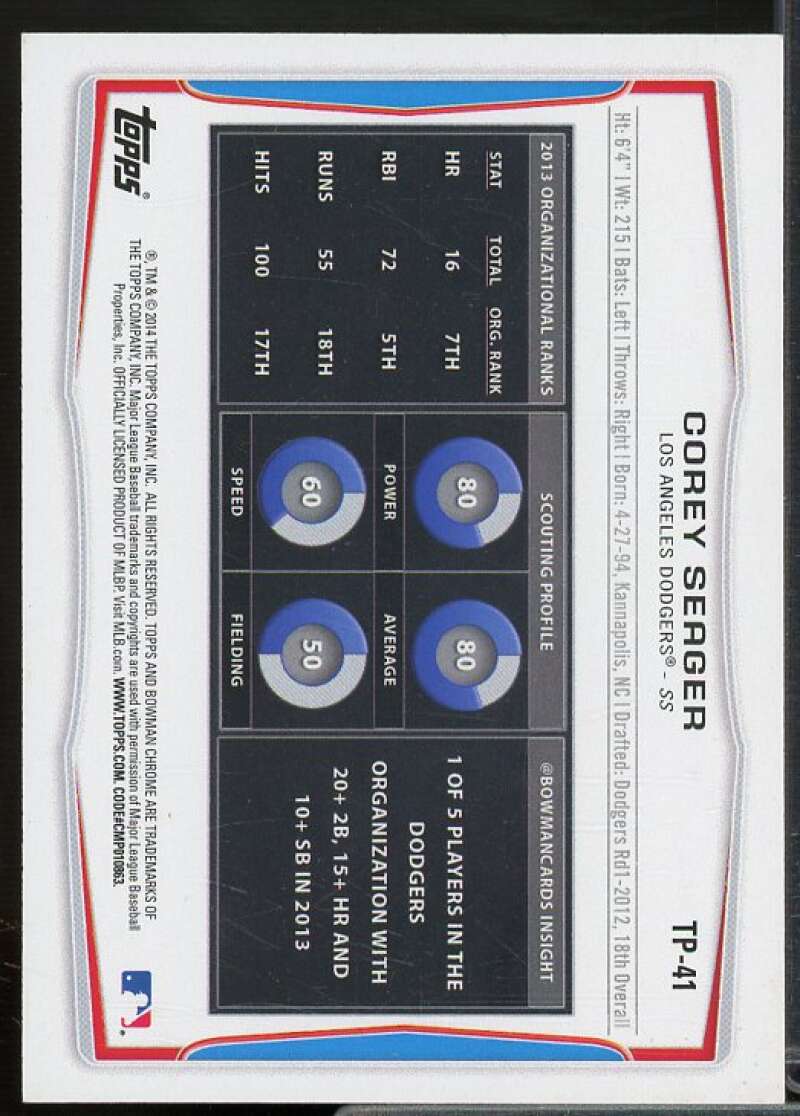 Corey Seager Card 2014 Bowman Draft Top Prospects #TP41  Image 2