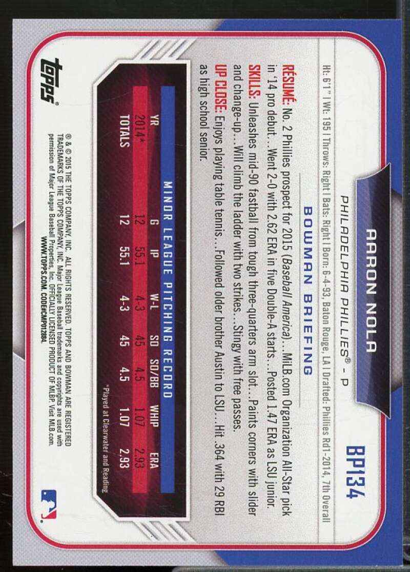 Aaron Nola Card 2015 Bowman Prospects #BP134  Image 2