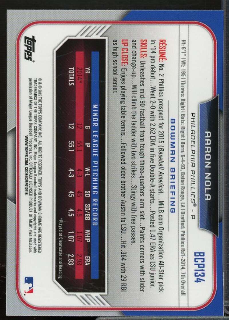 Aaron Nola Card 2015 Bowman Chrome Prospects #BCP134  Image 2