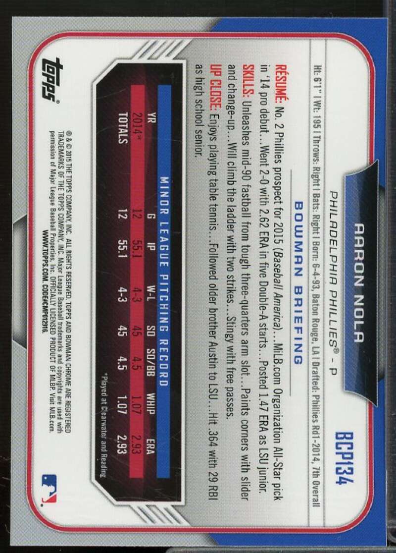 Aaron Nola Card 2015 Bowman Chrome Prospects #BCP134  Image 2