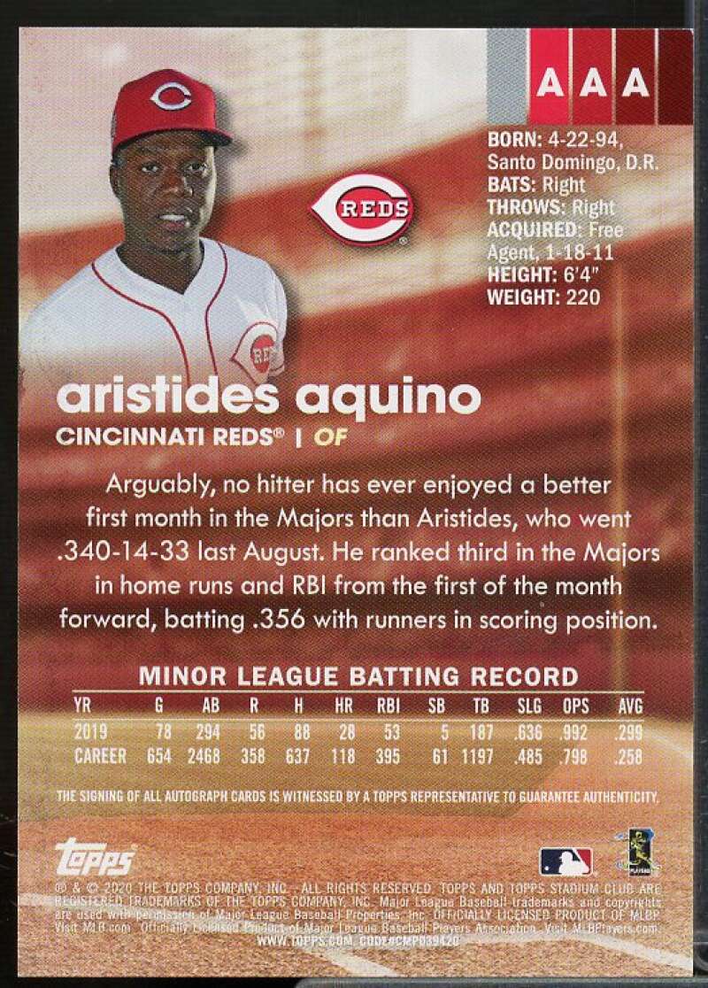 Aristides Aquino Rookie Card 2020 Stadium Club Autographs #AAA  Image 2