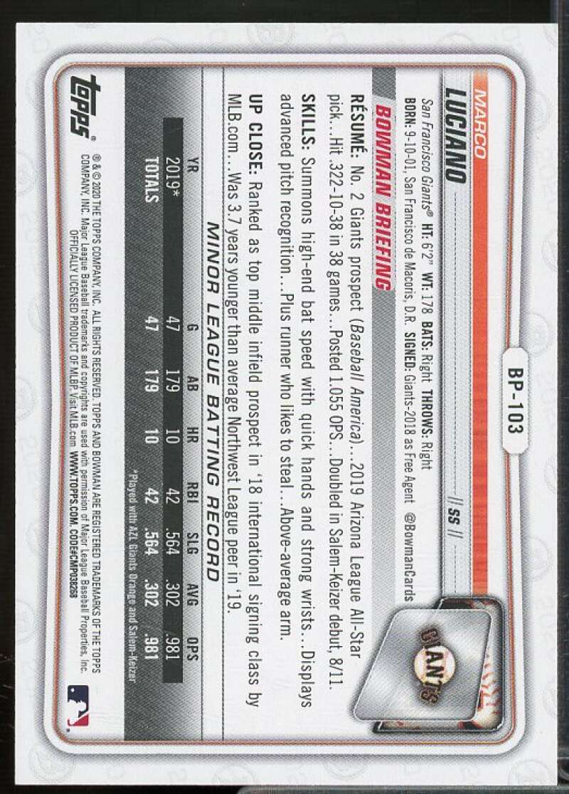 Marco Luciano Card 2020 Bowman Prospects Purple #BP103  Image 2