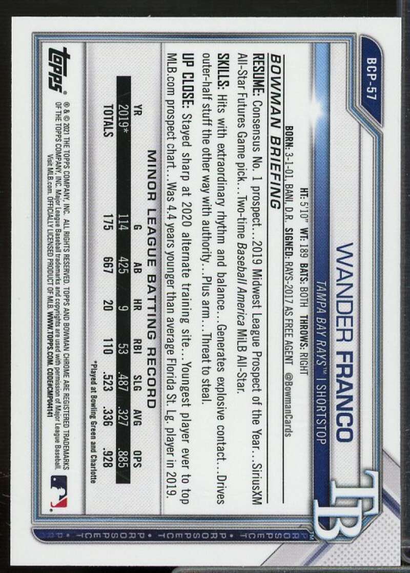 Wander Franco Card 2021 Bowman Chrome Prospects #BCP57  Image 2