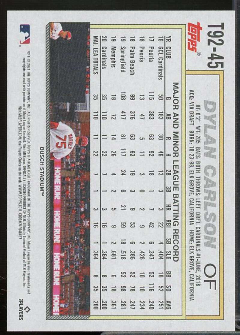 Dylan Carlson Rookie Card 2021 Topps Update '92 Topps Redux #T9245  Image 2