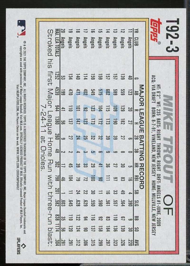Mike Trout Card 2021 Topps Update '92 Topps Redux #T923  Image 2
