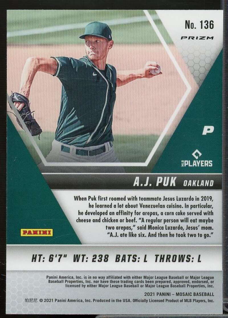 A.J. Puk Card 2021 Panini Mosaic Mosaic White Sparkle #136  Image 2