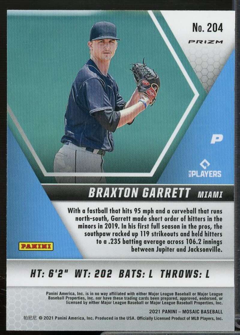 Braxton Garrett Rookie Card 2021 Panini Mosaic Mosaic White Sparkle #204  Image 2