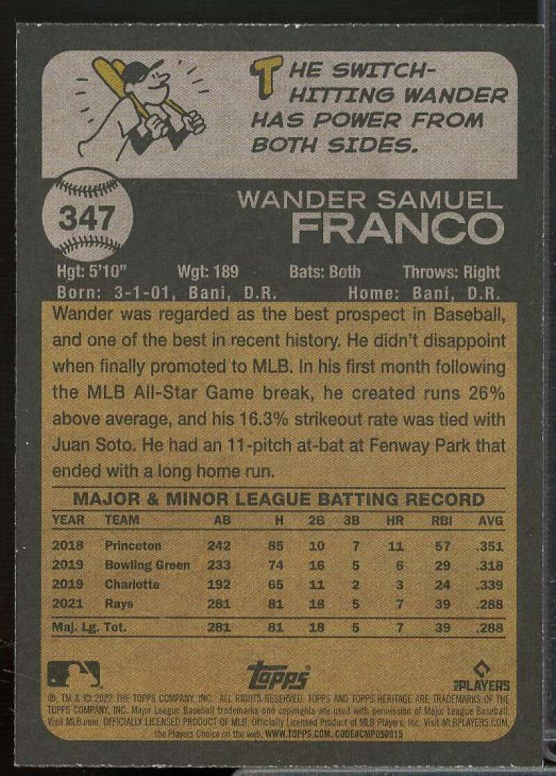 Wander Franco Rookie Card 2022 Topps Heritage #347  Image 2