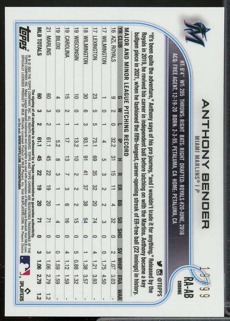 Anthony Bender Rookie 2022 Topps Chrome Rookie Autographs Green Refractor #RAAB  Image 2