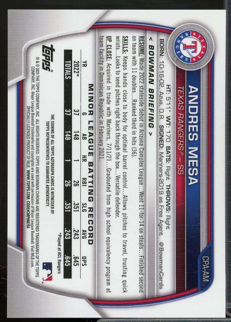 Andres Mesa 2023 Bowman Chrome Prospect Autographs Green Grass Refractor #CPAAM  Image 2