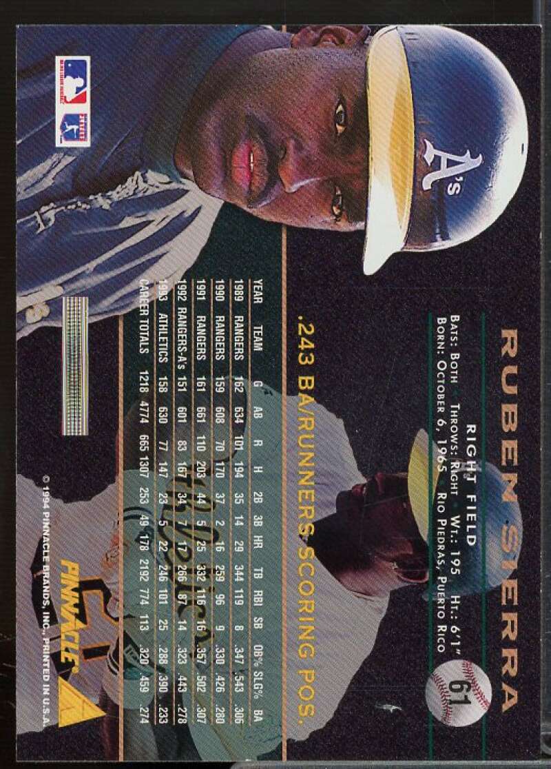 Ruben Sierra Card 1994 Pinnacle Artist's Proofs #61  Image 2