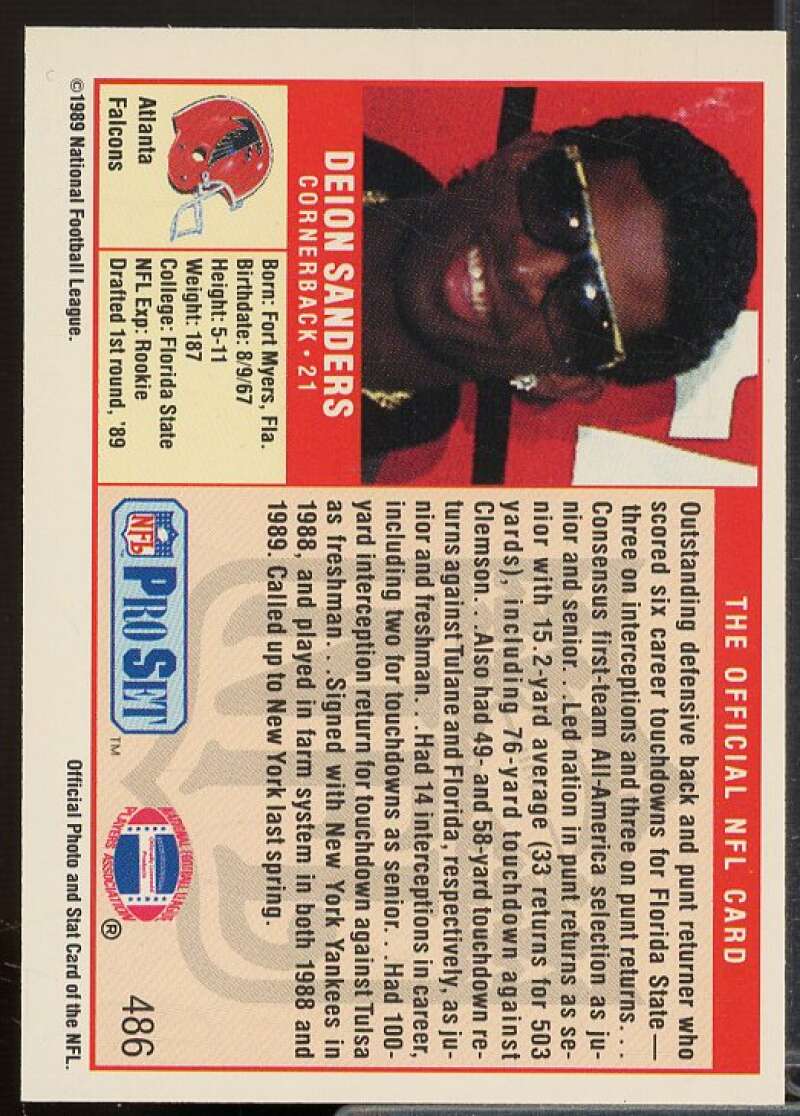 Deion Sanders Rookie Card 1989 Pro Set #486  Image 2