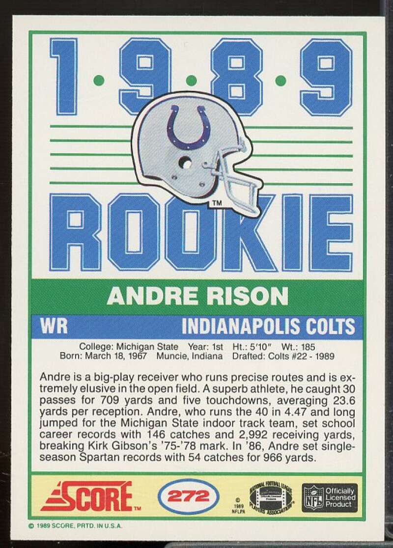 Andre Rison Rookie Card 1989 Score #272  Image 2