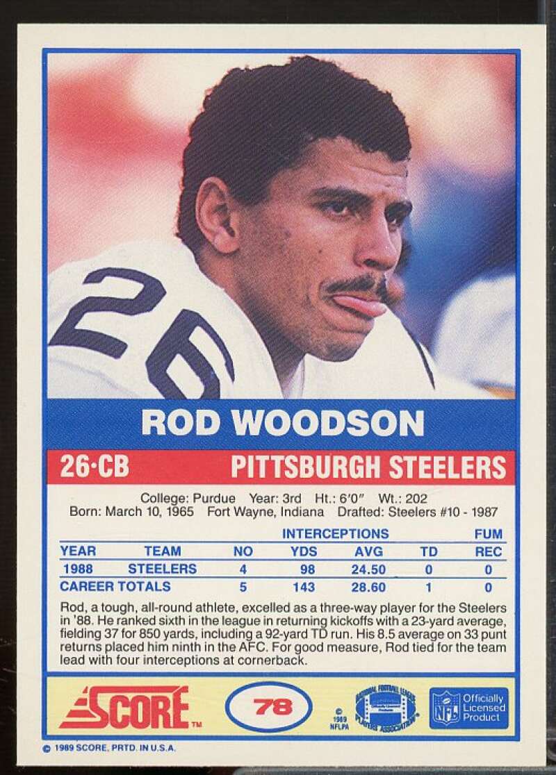 Rod Woodson Rookie Card 1989 Score #78  Image 2