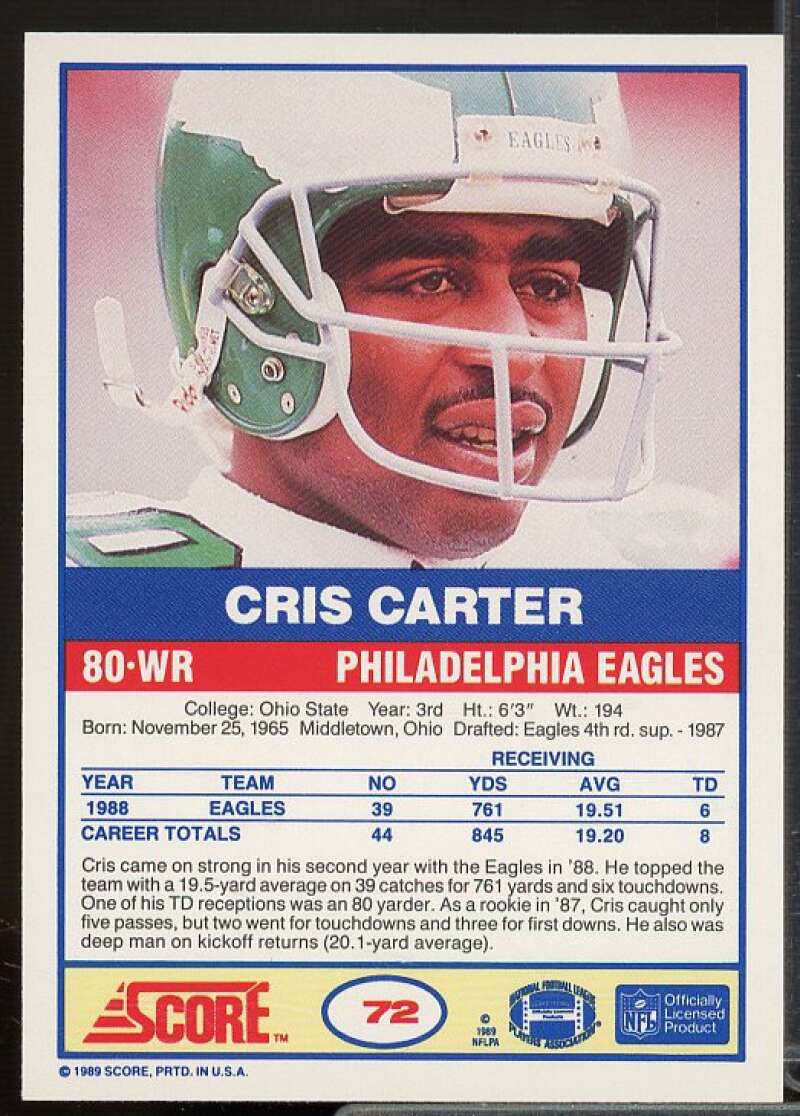 Cris Carter Rookie Card 1989 Score #72  Image 2